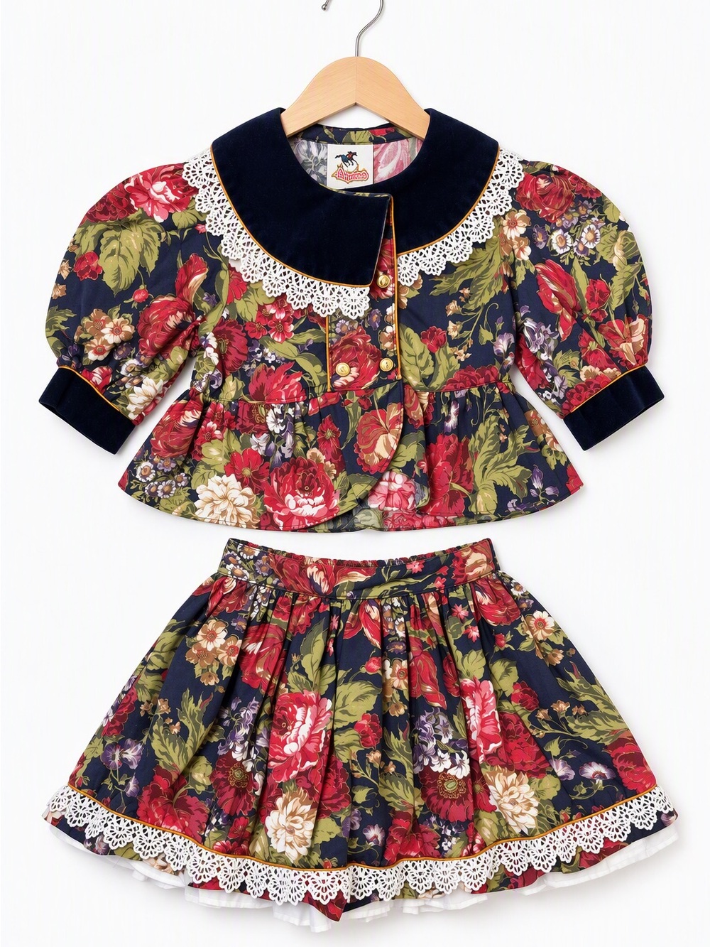 Vintage 80s Palomino Europe Velvet Eyelet Lace Rose Tapestry Skirt Set 92 / 2T